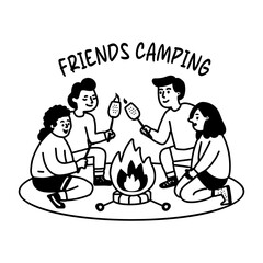 A glyph sticker of a group of friends camping together 