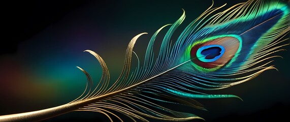 An elegant close up of a vibrant peacock feather adorned with intricate patterns and iridescent shades