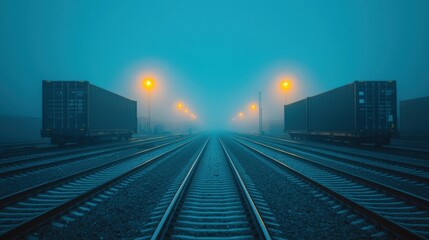 Fototapeta premium Moody foggy train tracks at night, glowing lamps create an atmospheric scene capturing isolation and mystery.