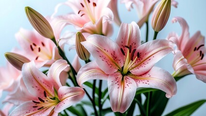Fototapeta premium Delicate pink lilies against a soft white background
