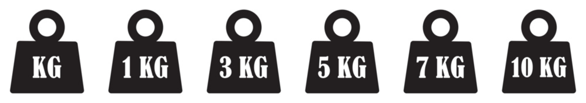 Weight icon set_1kg,3kg,5kg,7kg and 10kg.heavy sign. Iron dumbbell symbol in vector flat. Metal weight of heavy mass sign collection. Weight kilogram signs. kilogram weight outlined vector icon.