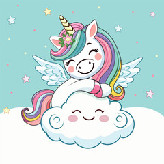 Template with cute humble unicorn with horn, wings and rainbow, hugs cloud on white background. Poster, banner, flyer, greeting card. Vector illustration in flat cartoon style