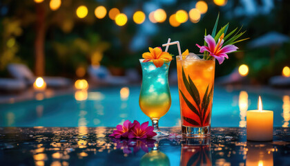 Fototapeta premium Colorful tropical cocktails by poolside with candlelight and flowers