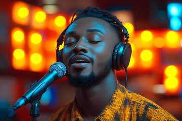 A passionate radio host speaking into a high-quality microphone, conveying energy and enthusiasm on air