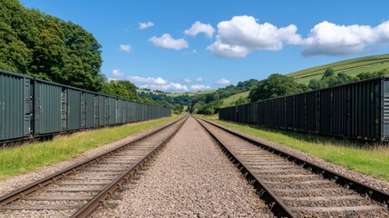 Obraz premium Railroad tracks stretching into a scenic countryside, bordered by green hills and clear blue sky.