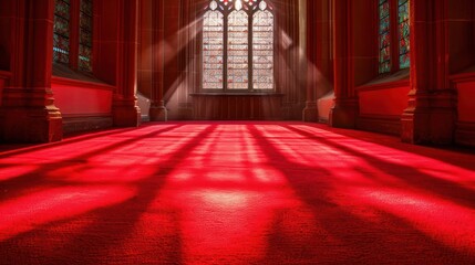Interior of a grand hall with red carpet, illuminated by sunlight through stained glass windows