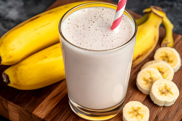 Creamy Banana Smoothie Sits on a Wooden Cutting Board with Fresh Bananas