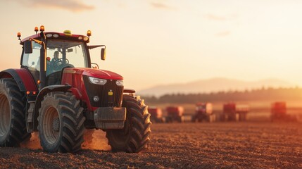 Obraz premium Red tractor plowing field at sunset, symbolizing modern agriculture and farm machinery efficiency in rural landscape.