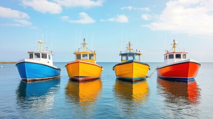 Fototapeta premium Row of colorful boats gently floating on calm waters under a bright sky, perfect for travel and nautical themes.