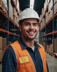 Warehouse employee wearing safety helmet and reflective vest in large storage facility