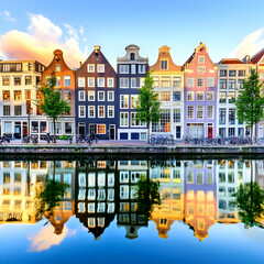 Fototapeta premium Colorful Canal Houses Reflect in Calm Water under a Blue Sky with Wispy Clouds at Sunset