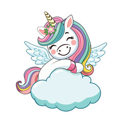 Cute humble unicorn with horn and wings hugs cloud on white background. Vector illustration in flat cartoon style