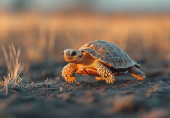 Obraz premium Close-Up of a Tortoise Walking on Dry Ground with Golden Hour Lighting Highlighting Its Shell and Texture in a Natural Outdoor Environment