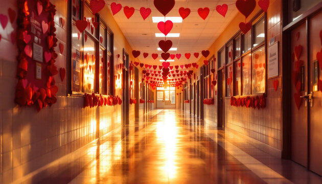 Romantic school hallway decorated with red hearts during sunset. The 14th of February. Happy Valentine's Day