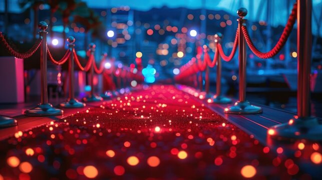 A glamorous red carpet event at night with shimmering lights and a festive atmosphere by the marina