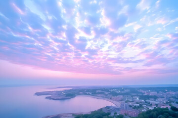 Obraz premium Coastal Cityscape Meets a Pastel Sunrise Sky with Wispy Clouds and Soft Hues.