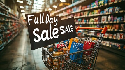 A shopping cart filled with colorful products in a grocery store aisle, featuring a prominent sign announcing a full-day sale in a vibrant setting