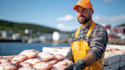 Smiling fisherman wearing an orange hat and apron stands with fresh fish at a harbor, showcasing a successful catch on a sunny day.