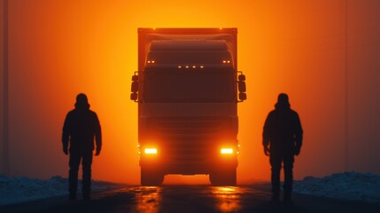 Silhouettes of two people standing in front of an illuminated truck at sunset, creating a dramatic and vibrant scene.