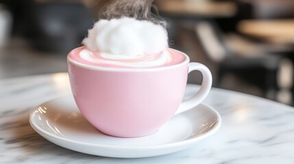 Dreamy pink latte in a matte white ceramic cup, topped with a delicate white cotton candy cloud.