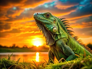 Fototapeta premium Everglades sunset silhouettes a green iguana, its exotic form a striking reptile profile against fiery hues.