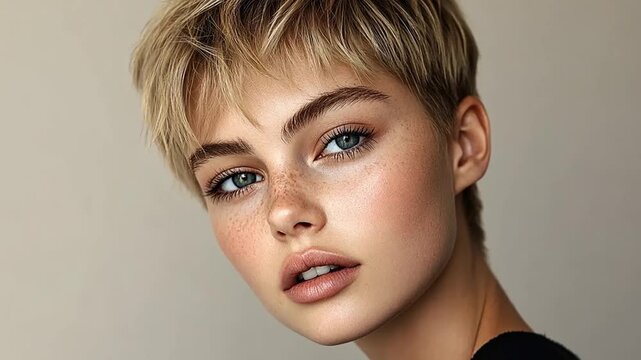 Close-up Portrait of Young Woman with Pixie Cut: A stunning close-up portrait of a young woman with a trendy pixie haircut, showcasing her natural beauty and flawless makeup.