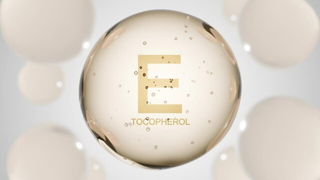 Drop water serum with vitamin E or Tocopherol. Vitamins complex with molecule atom. Nutrition skin care cosmetics concept