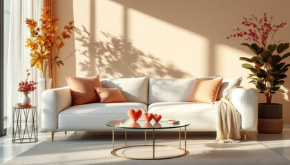 Elegant modern living room with white sofa and autumn decor in sunlit space. The 14th of February. Happy Valentine's Day