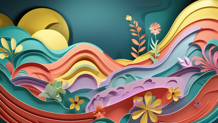 Colorful Paper Cut Landscape with Abstract Waves and Flowers