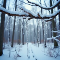 Close-up view of icicles hanging from a snow-covered tree branch in winter.