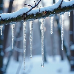 Close-up view of icicles hanging from a snow-covered tree branch in winter.