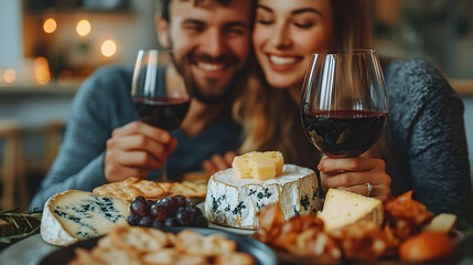Couple enjoying wine and cheese at home, romantic dinner, cozy background, perfect for Valentine's Day or date night