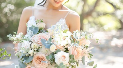 A bride with a beautiful wedding bouquet in her hands 