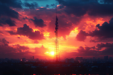 A tall vintage radio tower transmitting signals against a clear sky, showcasing technology, communication, and connectivity
