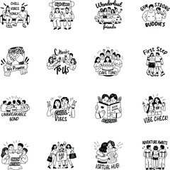 Set of Glyph Style Cute Friends Stickers 