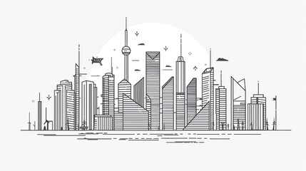 Fototapeta premium A line art cityscape with a sun in the background.