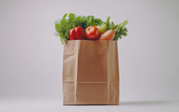 Fresh vegetables in brown paper bag on white background for grocery shopping