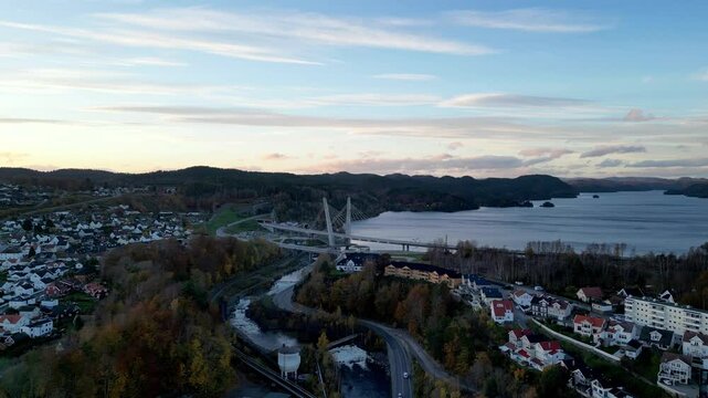 Larvik, Norway, with the modern Farrisbrua bridge spanning across the fjord