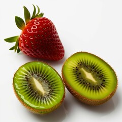 "Fresh and vibrant fruit composition featuring a whole ripe strawberry with a glossy red surface and green leaves, alongside two halves of a juicy green kiwi with visible black seeds and a fuzzy brown