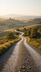 Winding gravel road through rolling hills at sunset.