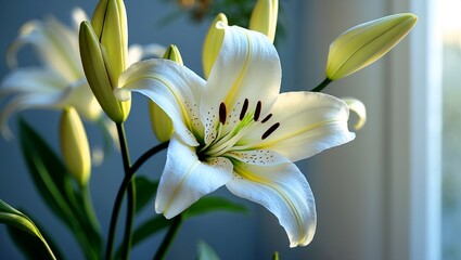 Fototapeta premium Delicate white lily blooming in soft natural light
