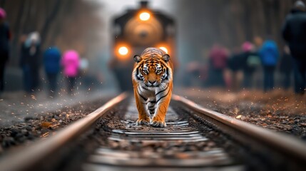 Tiger walking on train tracks in foggy environment