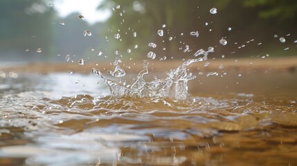 Close-up of water splash in serene river setting, surrounded by lush greenery and soft sunlight