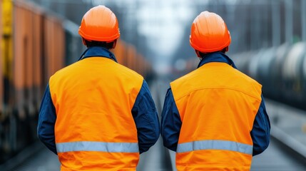 Two workers in orange vests and helmets stand on a railway track, symbolizing teamwork and safety in industrial environments.