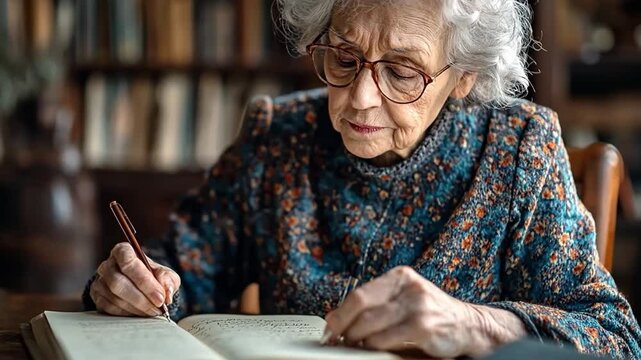 Elderly Woman Reading and Writing: A thoughtful elderly woman with silver hair, wearing glasses, sits in a warmly lit study, engrossed in reading and making notes in a large, open book.