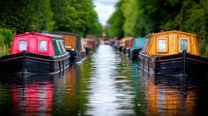 Vibrant canal boats lined up on a serene waterway, surrounded by lush green trees under a cloudy sky.