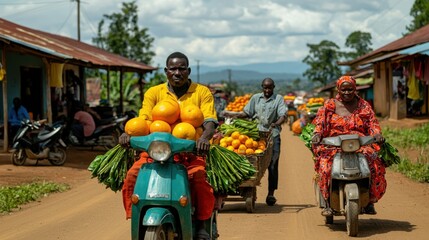Vibrant market scene with people carrying fruits and vegetables on scooters along a rural road on a sunny day.