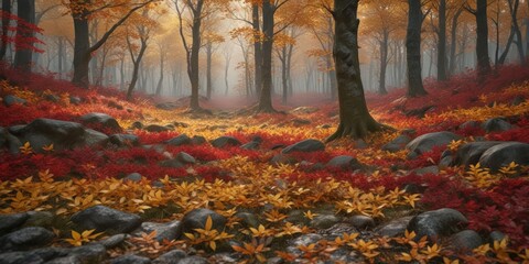 Dense foliage of golden and crimson leaves covering the forest floor, vibrant hues, rustling leaves