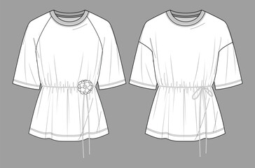 Vector short sleeved T-Shirt fashion CAD, woman round neck dropped shoulder top technical drawing, template, flat, sketch. Jersey or woven fabric 2 pieces set tee with belt, front view, white color