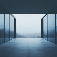 Modern glass corridor with foggy landscape view.
